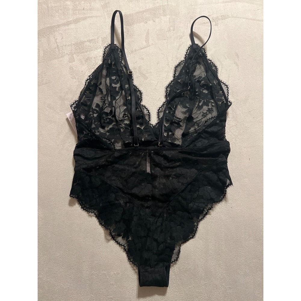 Auden Womens Black Floral Lace Bodysuit Teddy Sheer V-Neck P6610E Medium NWT - Picture 2 of 10